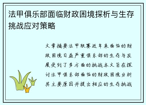 法甲俱乐部面临财政困境探析与生存挑战应对策略